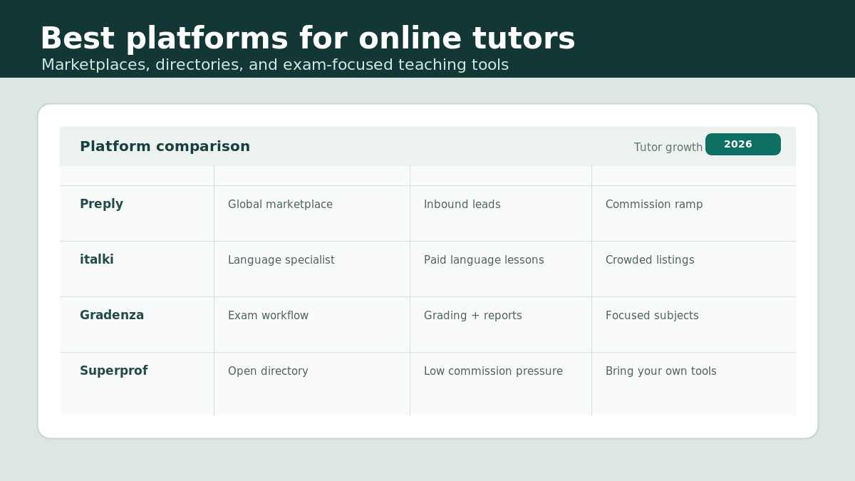 Comparison dashboard showing online tutor platforms, lesson tools, grading reports, and student growth signals