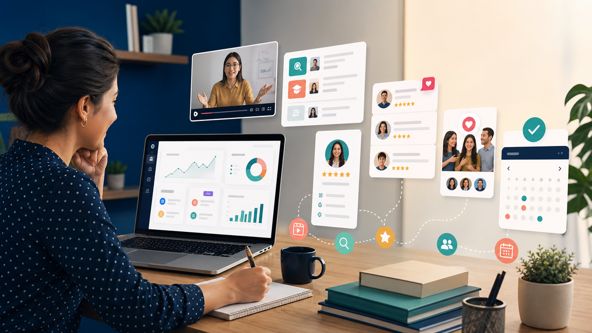 Online tutor workspace with profile cards, testimonials, analytics, referrals, and booking tools