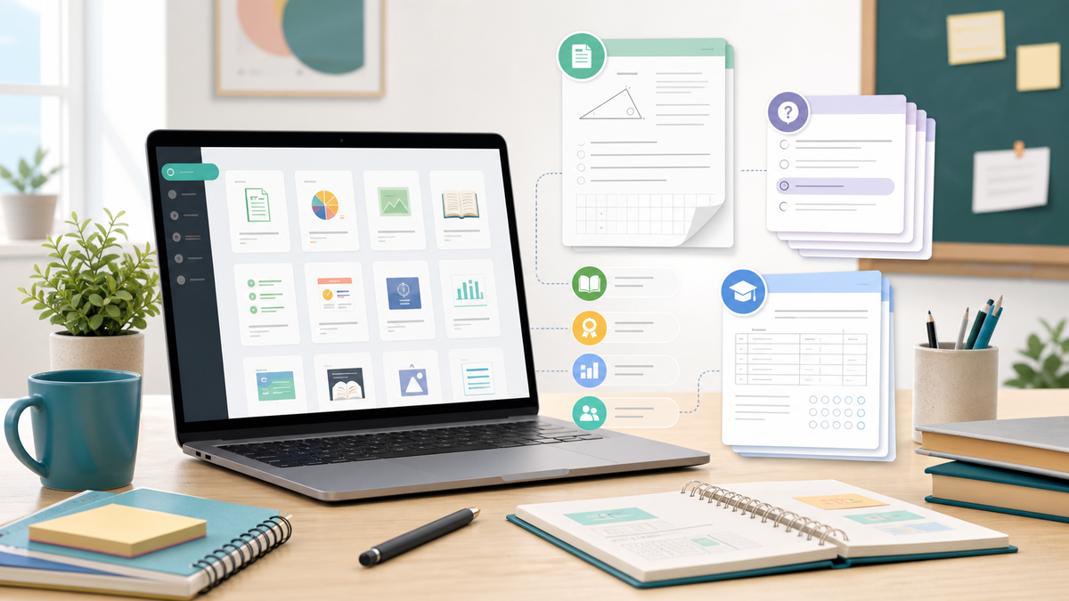 Teacher workspace showing a resource library, worksheets, quizzes, and exam materials